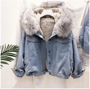 Women Large Fur Collar Hooded Denim Jacket Thicken Velvet Shaggy Loose Bomber Jean Jacket Warm Fleece Lined Cotton-Padded