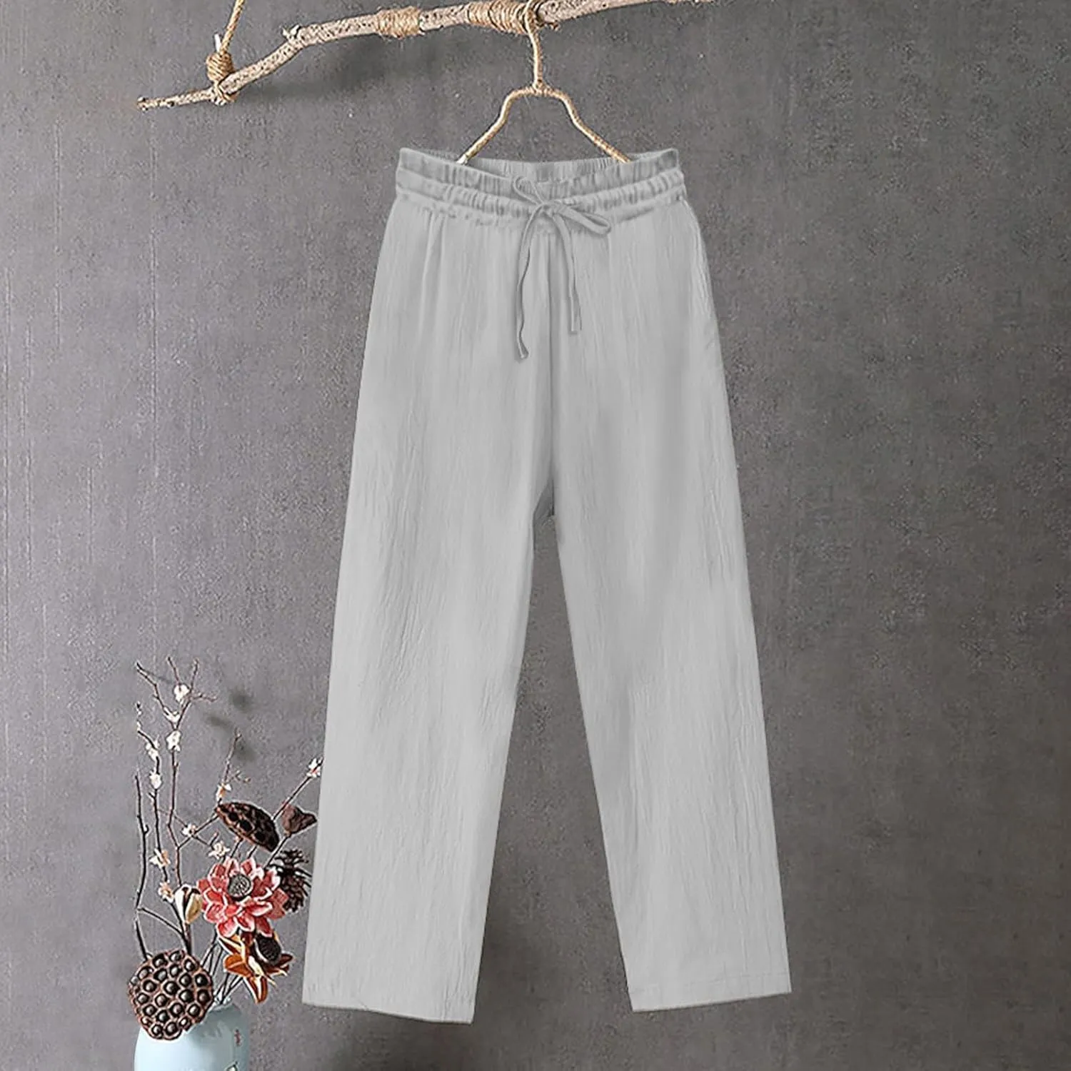 Women Linen Pants Summer Loose Fit Yoga Beach Gauze Pant Casual Lightweight Comfy Drawstring Baggy Trouser with Pocket