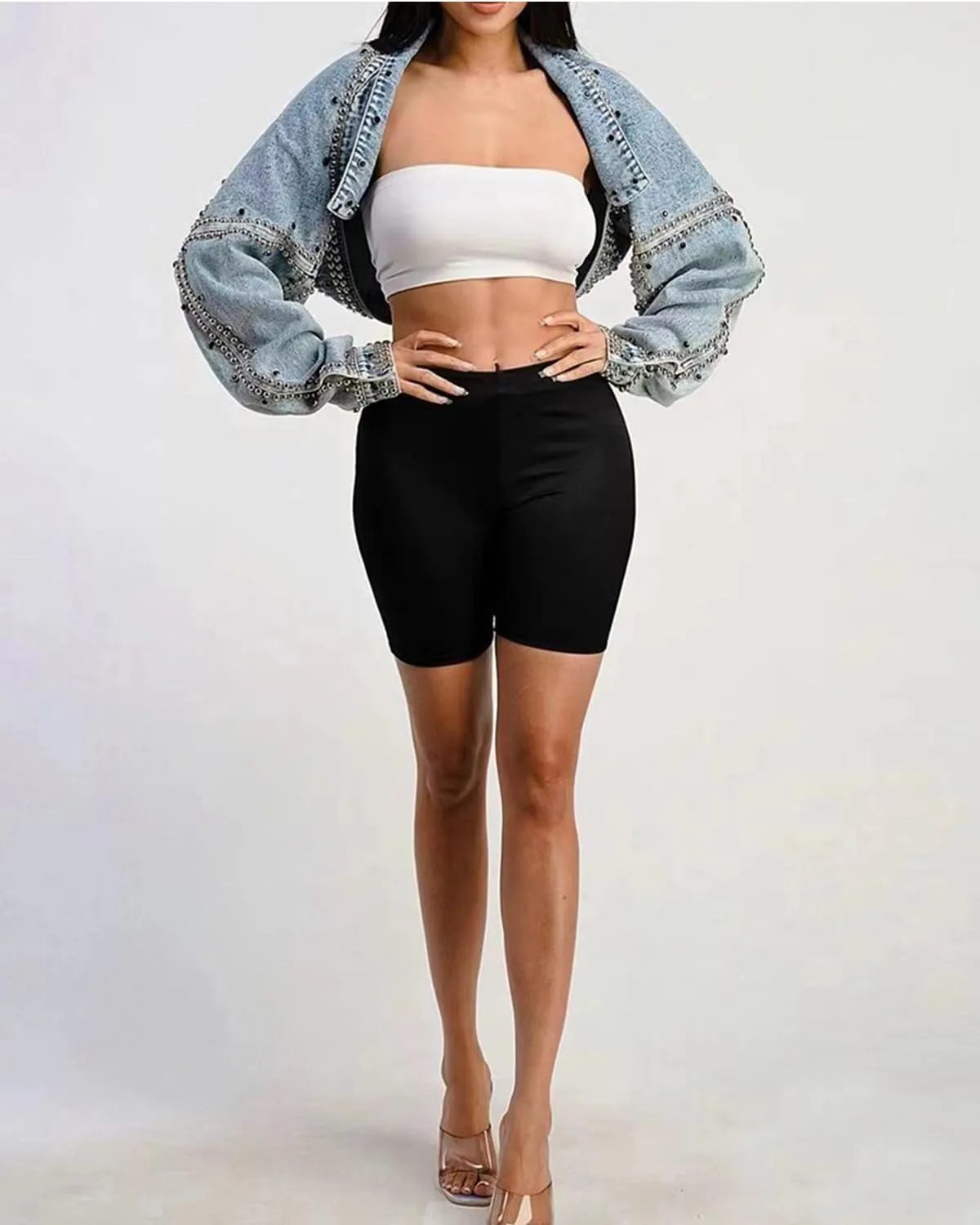 Women Long Sleeve Open Front Y2K Rivet Cropped Boyfriend Denim Jacket Loose Drape Shoulder Washed Jean Jacket