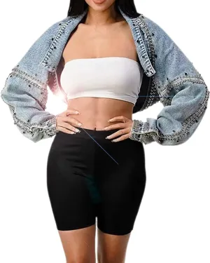 Women Long Sleeve Open Front Y2K Rivet Cropped Boyfriend Denim Jacket Loose Drape Shoulder Washed Jean Jacket