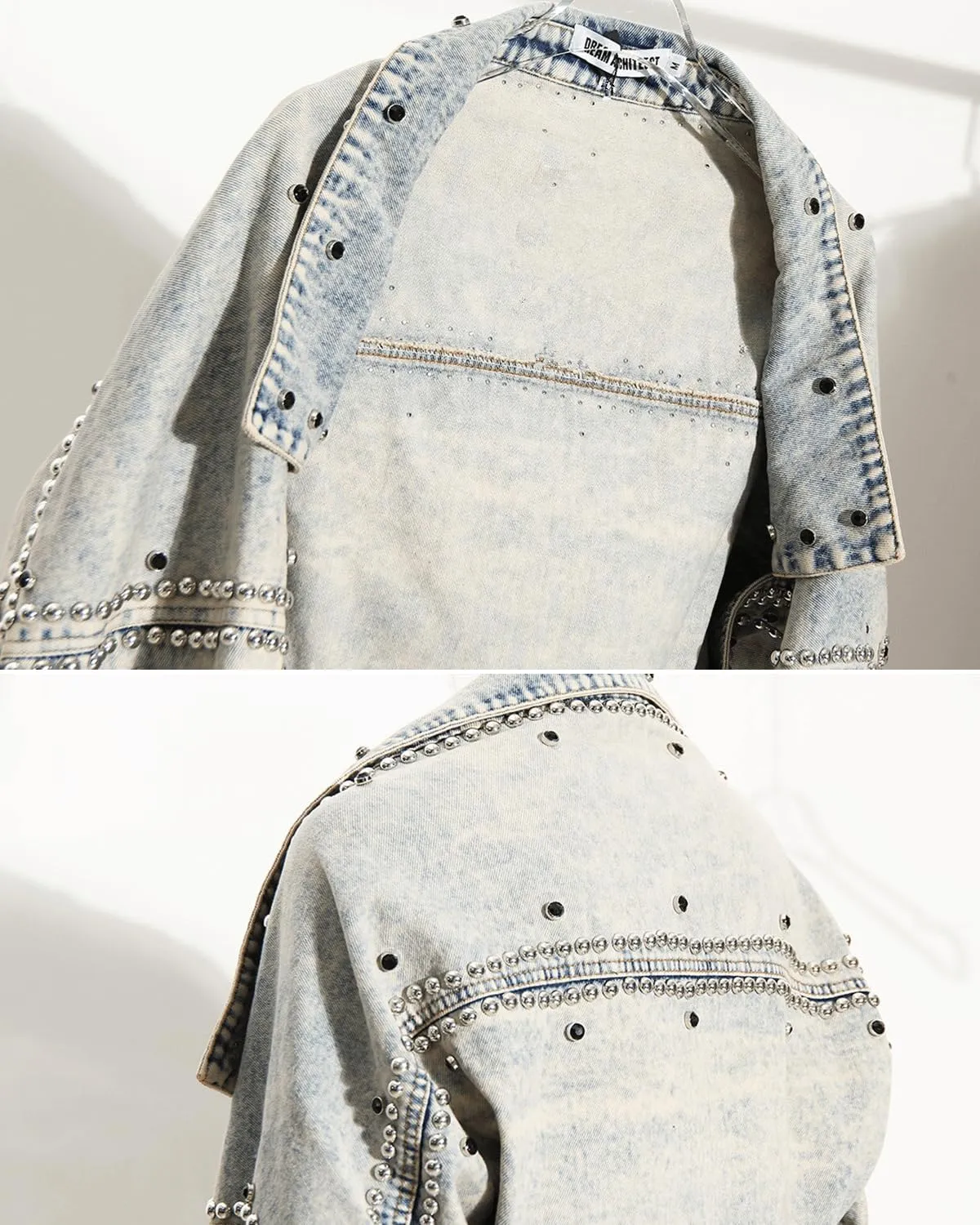 Women Long Sleeve Open Front Y2K Rivet Cropped Boyfriend Denim Jacket Loose Drape Shoulder Washed Jean Jacket