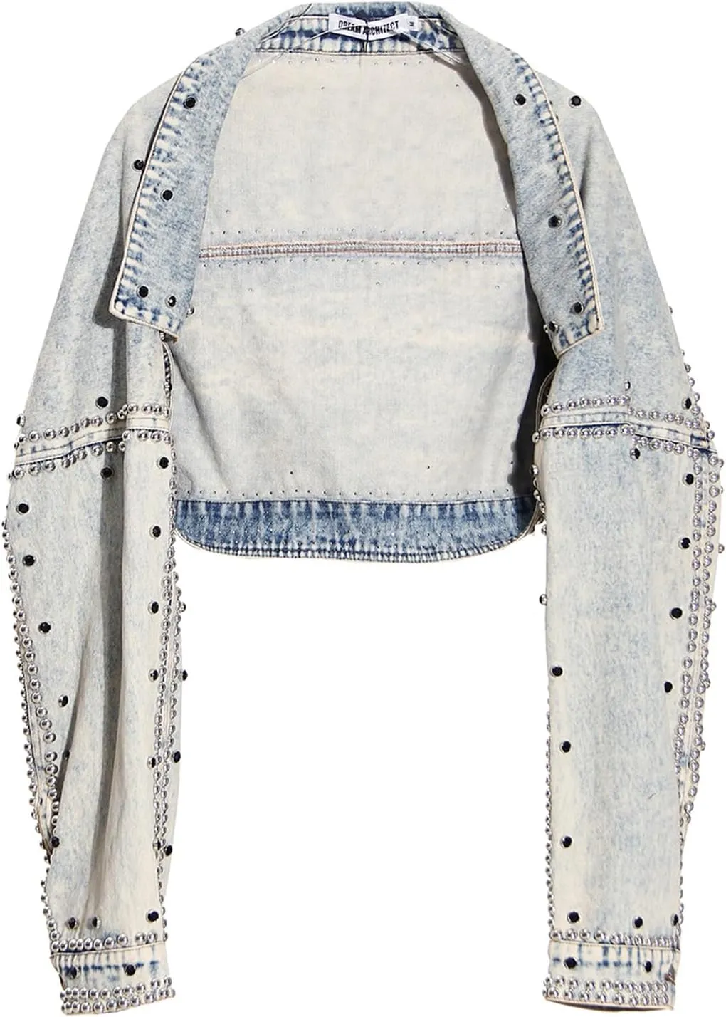 Women Long Sleeve Open Front Y2K Rivet Cropped Boyfriend Denim Jacket Loose Drape Shoulder Washed Jean Jacket