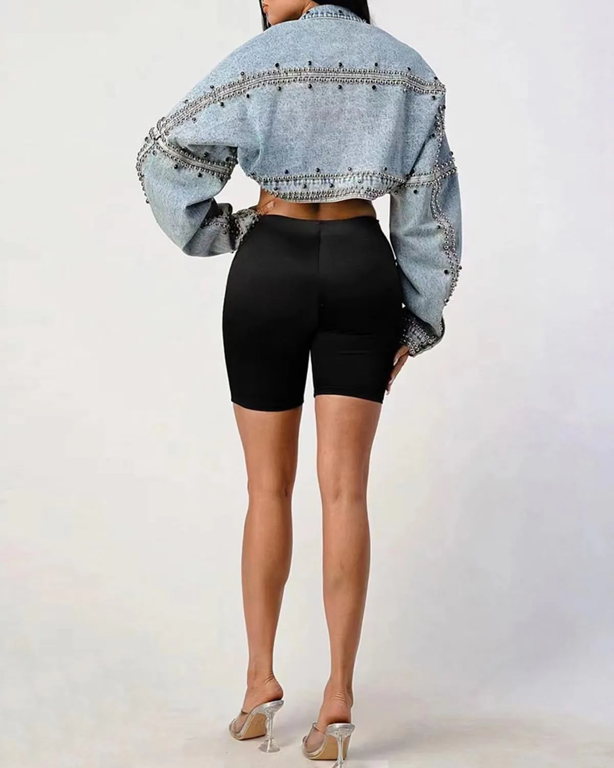 Women Long Sleeve Open Front Y2K Rivet Cropped Boyfriend Denim Jacket Loose Drape Shoulder Washed Jean Jacket