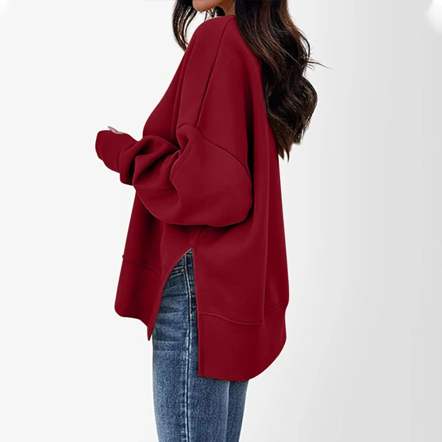 Women Oversized Sweatshirt Loose Fit Crewneck Side Slit Y2k Pullover Tops Casual Long Sleeve Fleece Comfort Hoodies