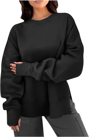 Women Oversized Sweatshirt Loose Fit Crewneck Side Slit Y2k Pullover Tops Casual Long Sleeve Fleece Comfort Hoodies