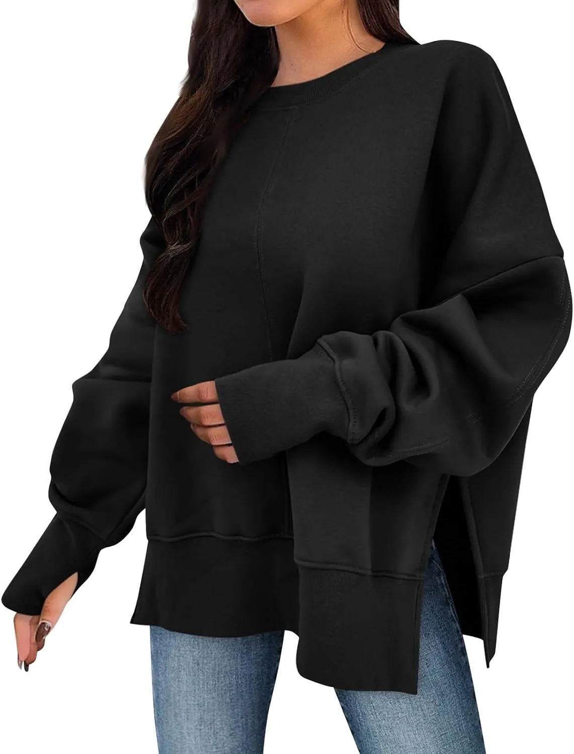 Women Oversized Sweatshirt Loose Fit Crewneck Side Slit Y2k Pullover Tops Casual Long Sleeve Fleece Comfort Hoodies
