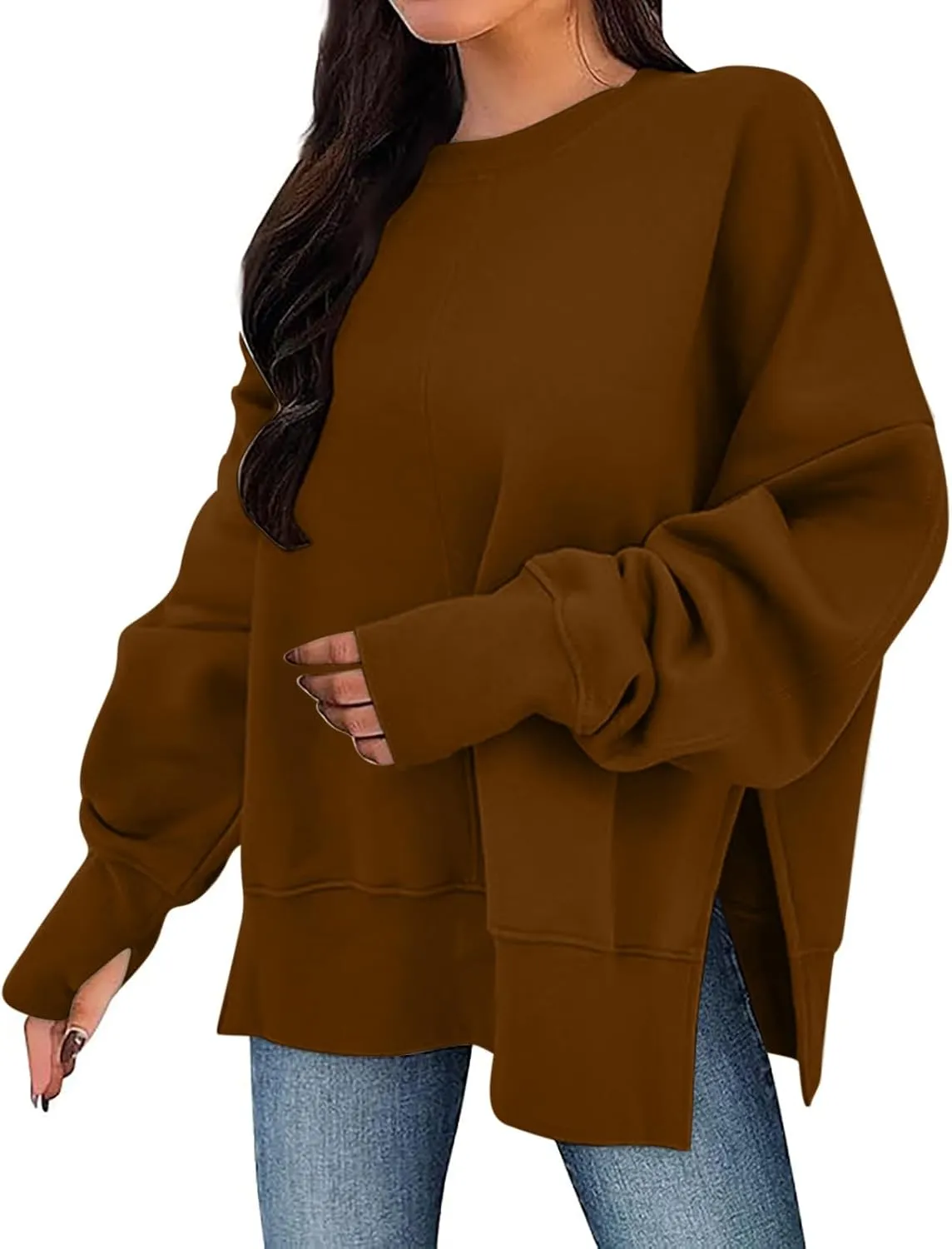 Women Oversized Sweatshirt Loose Fit Crewneck Side Slit Y2k Pullover Tops Casual Long Sleeve Fleece Comfort Hoodies