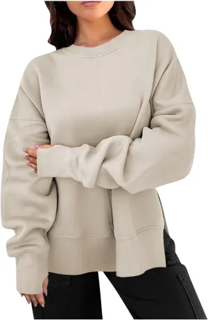 Women Oversized Sweatshirt Loose Fit Crewneck Side Slit Y2k Pullover Tops Casual Long Sleeve Fleece Comfort Hoodies