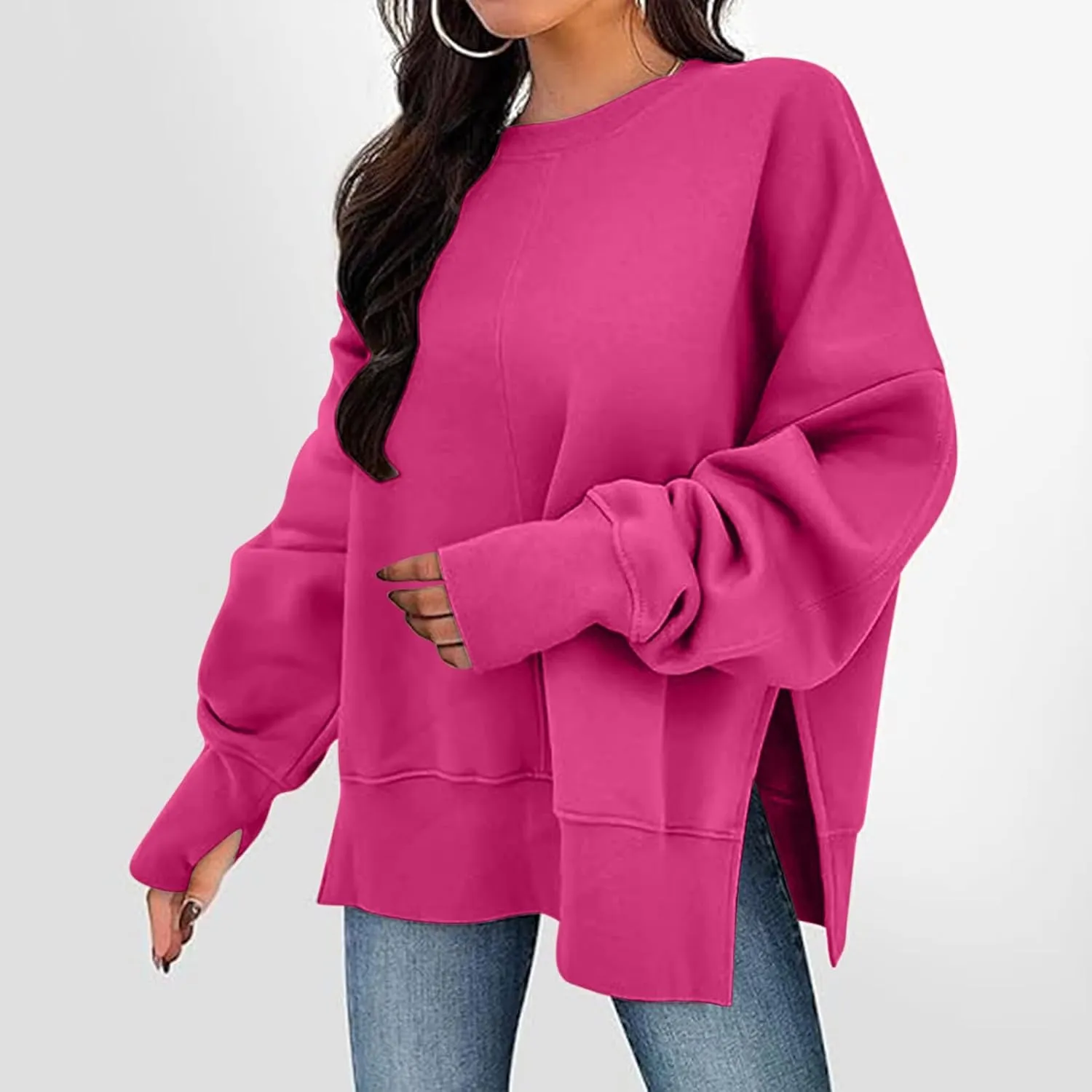 Women Oversized Sweatshirt Loose Fit Crewneck Side Slit Y2k Pullover Tops Casual Long Sleeve Fleece Comfort Hoodies