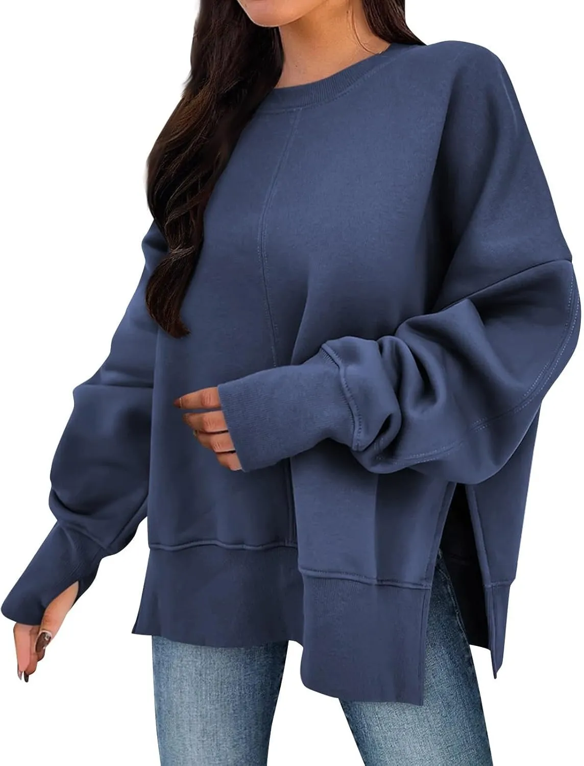 Women Oversized Sweatshirt Loose Fit Crewneck Side Slit Y2k Pullover Tops Casual Long Sleeve Fleece Comfort Hoodies