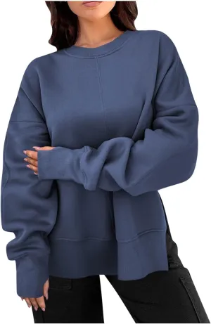 Women Oversized Sweatshirt Loose Fit Crewneck Side Slit Y2k Pullover Tops Casual Long Sleeve Fleece Comfort Hoodies
