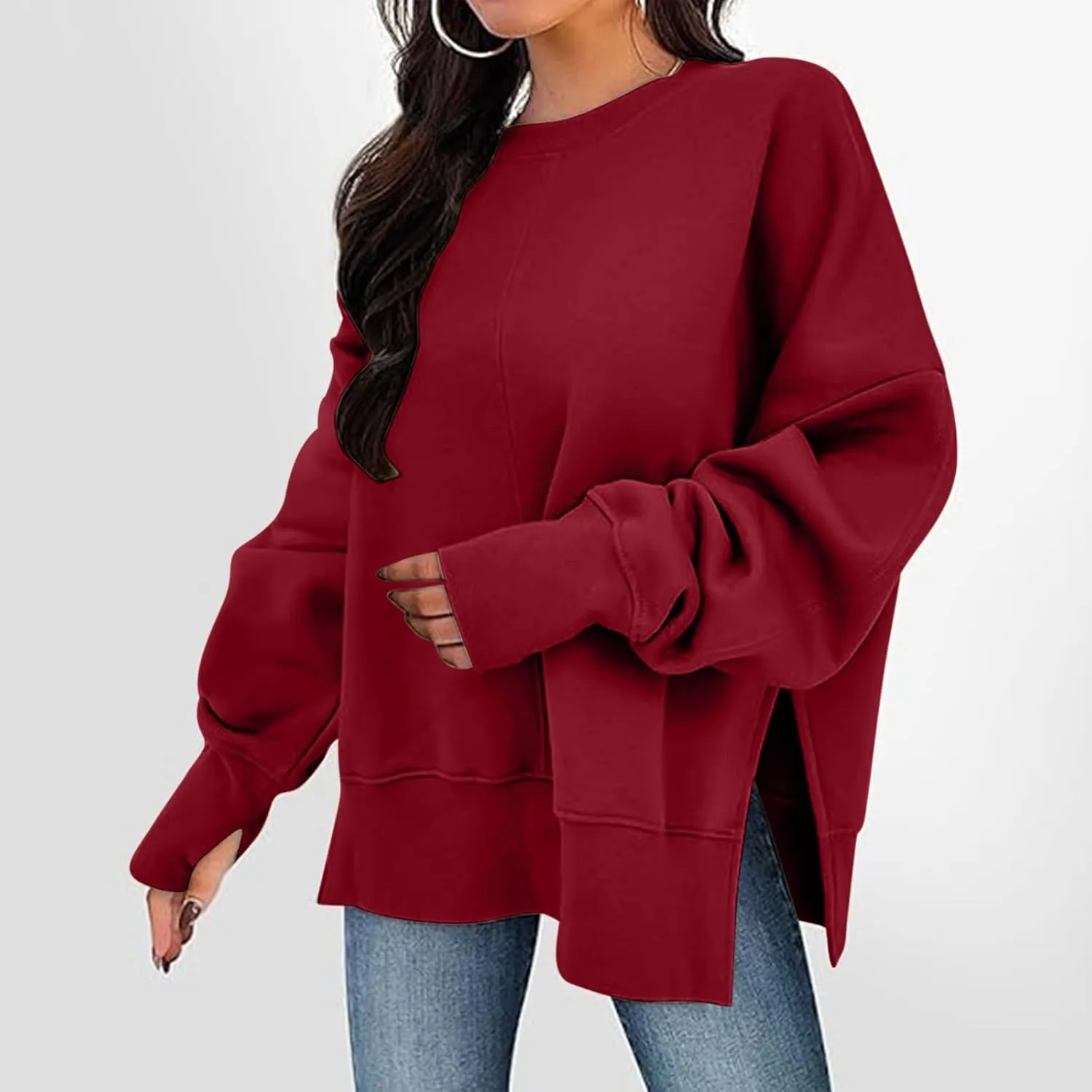 Women Oversized Sweatshirt Loose Fit Crewneck Side Slit Y2k Pullover Tops Casual Long Sleeve Fleece Comfort Hoodies