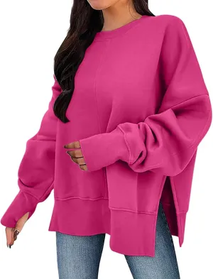 Women Oversized Sweatshirt Loose Fit Crewneck Side Slit Y2k Pullover Tops Casual Long Sleeve Fleece Comfort Hoodies