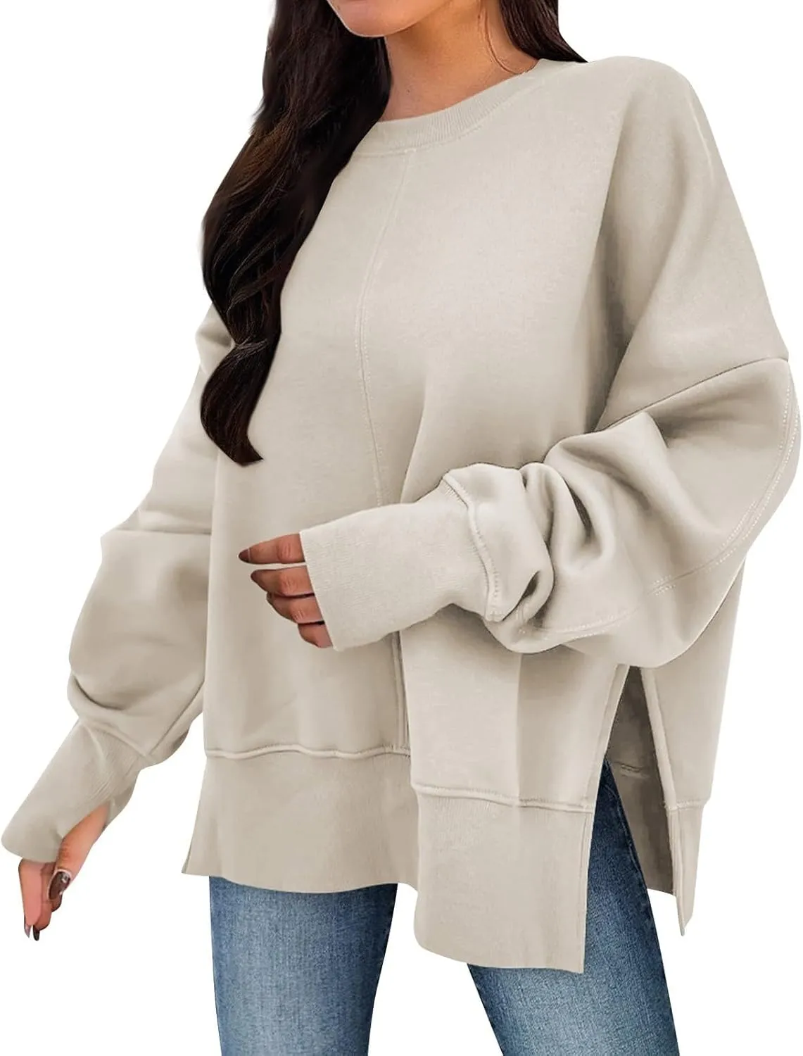Women Oversized Sweatshirt Loose Fit Crewneck Side Slit Y2k Pullover Tops Casual Long Sleeve Fleece Comfort Hoodies