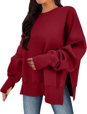 Women Oversized Sweatshirt Loose Fit Crewneck Side Slit Y2k Pullover Tops Casual Long Sleeve Fleece Comfort Hoodies