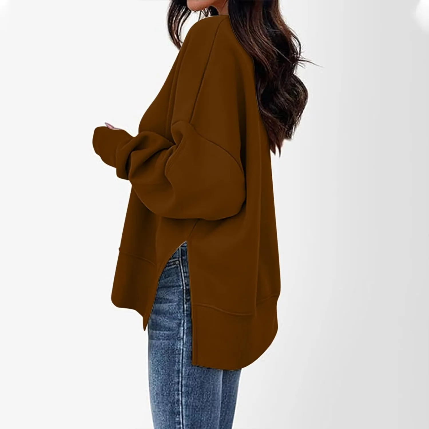 Women Oversized Sweatshirt Loose Fit Crewneck Side Slit Y2k Pullover Tops Casual Long Sleeve Fleece Comfort Hoodies