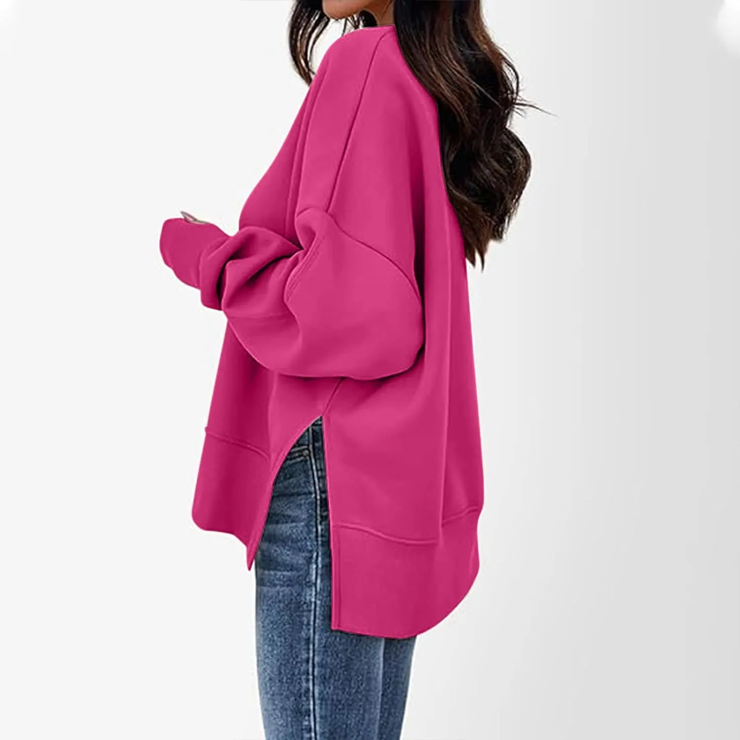 Women Oversized Sweatshirt Loose Fit Crewneck Side Slit Y2k Pullover Tops Casual Long Sleeve Fleece Comfort Hoodies