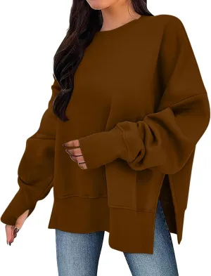 Women Oversized Sweatshirt Loose Fit Crewneck Side Slit Y2k Pullover Tops Casual Long Sleeve Fleece Comfort Hoodies