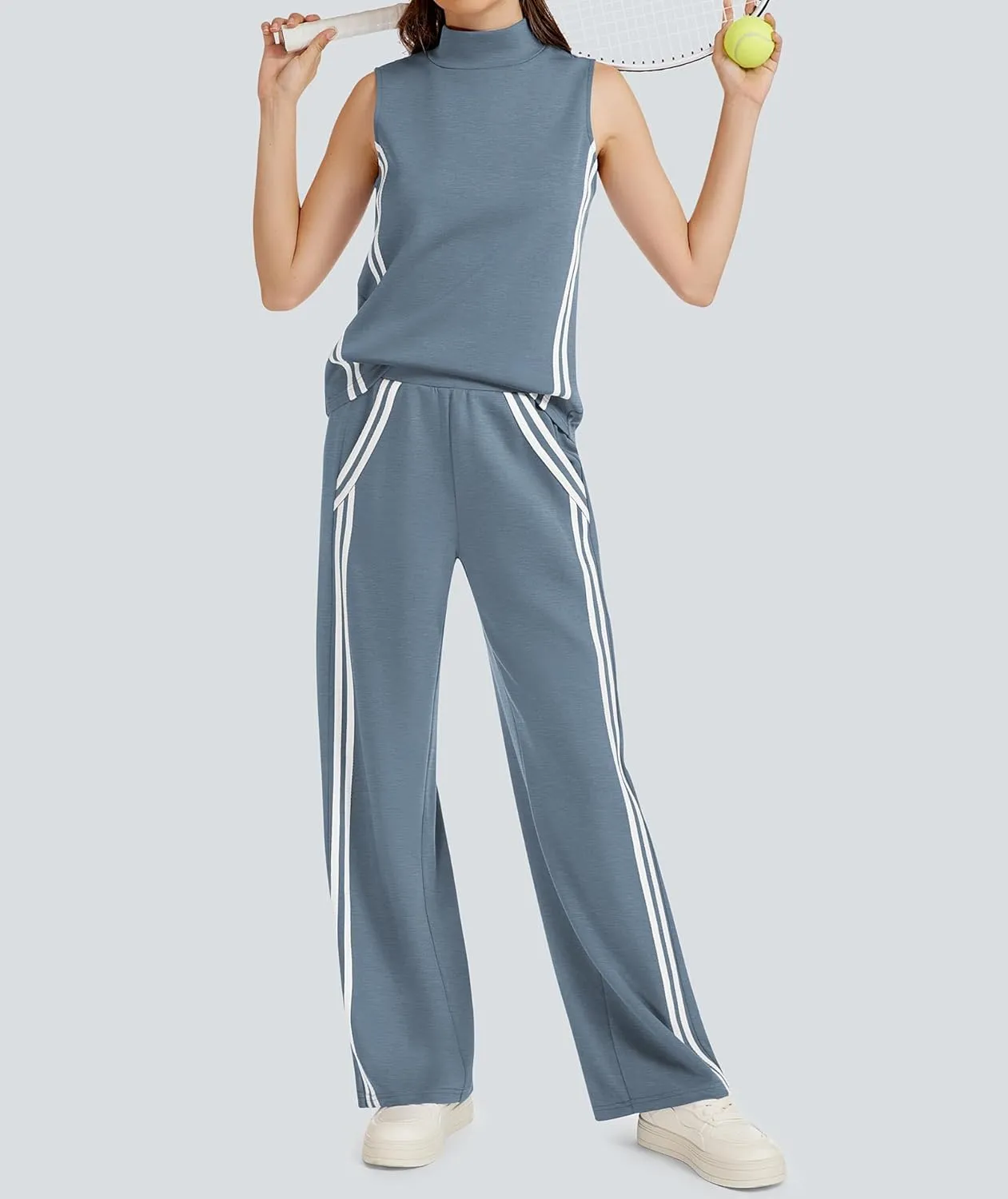 Womens 2 Piece Lounge Set Stripes Travel Outfits Sweatsuit Mock Neck Tank Top Wide Leg Pants Casual Activewear