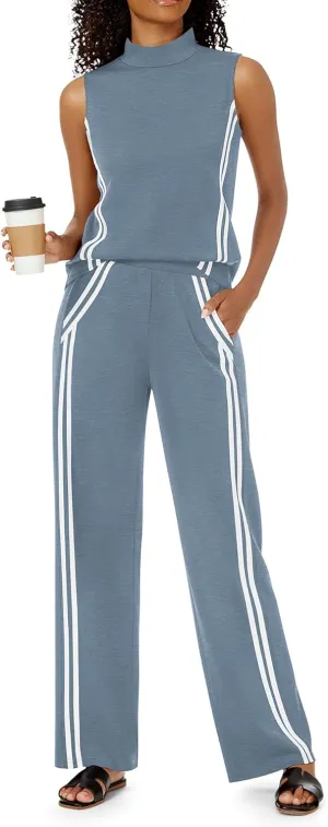 Womens 2 Piece Lounge Set Stripes Travel Outfits Sweatsuit Mock Neck Tank Top Wide Leg Pants Casual Activewear
