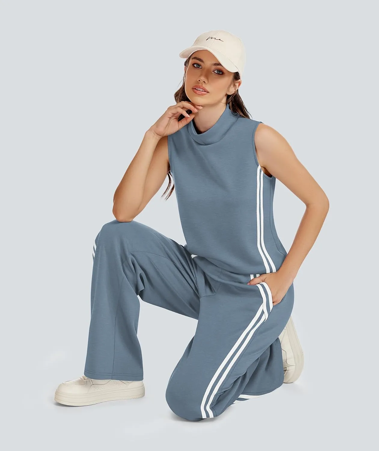 Womens 2 Piece Lounge Set Stripes Travel Outfits Sweatsuit Mock Neck Tank Top Wide Leg Pants Casual Activewear