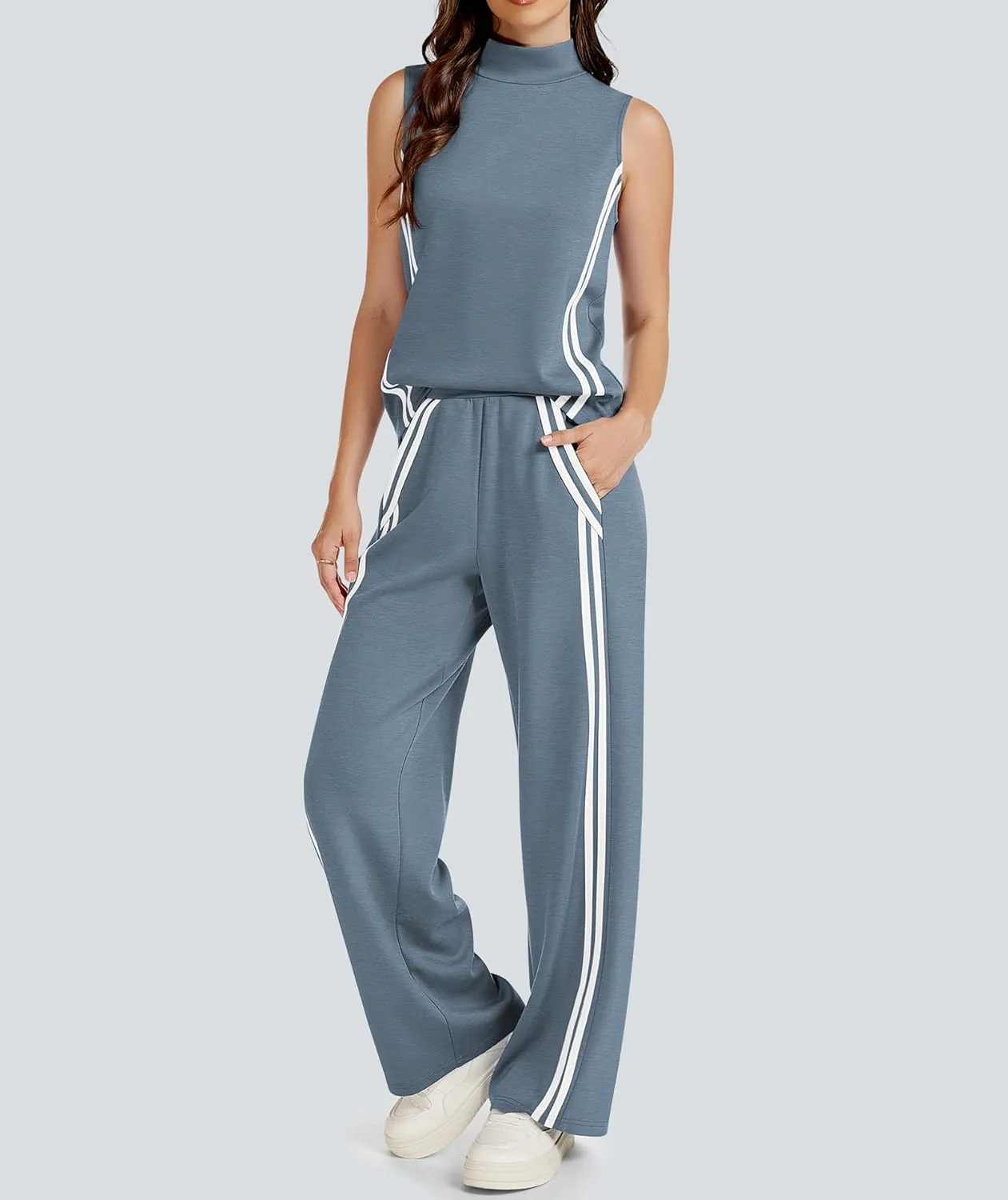 Womens 2 Piece Lounge Set Stripes Travel Outfits Sweatsuit Mock Neck Tank Top Wide Leg Pants Casual Activewear