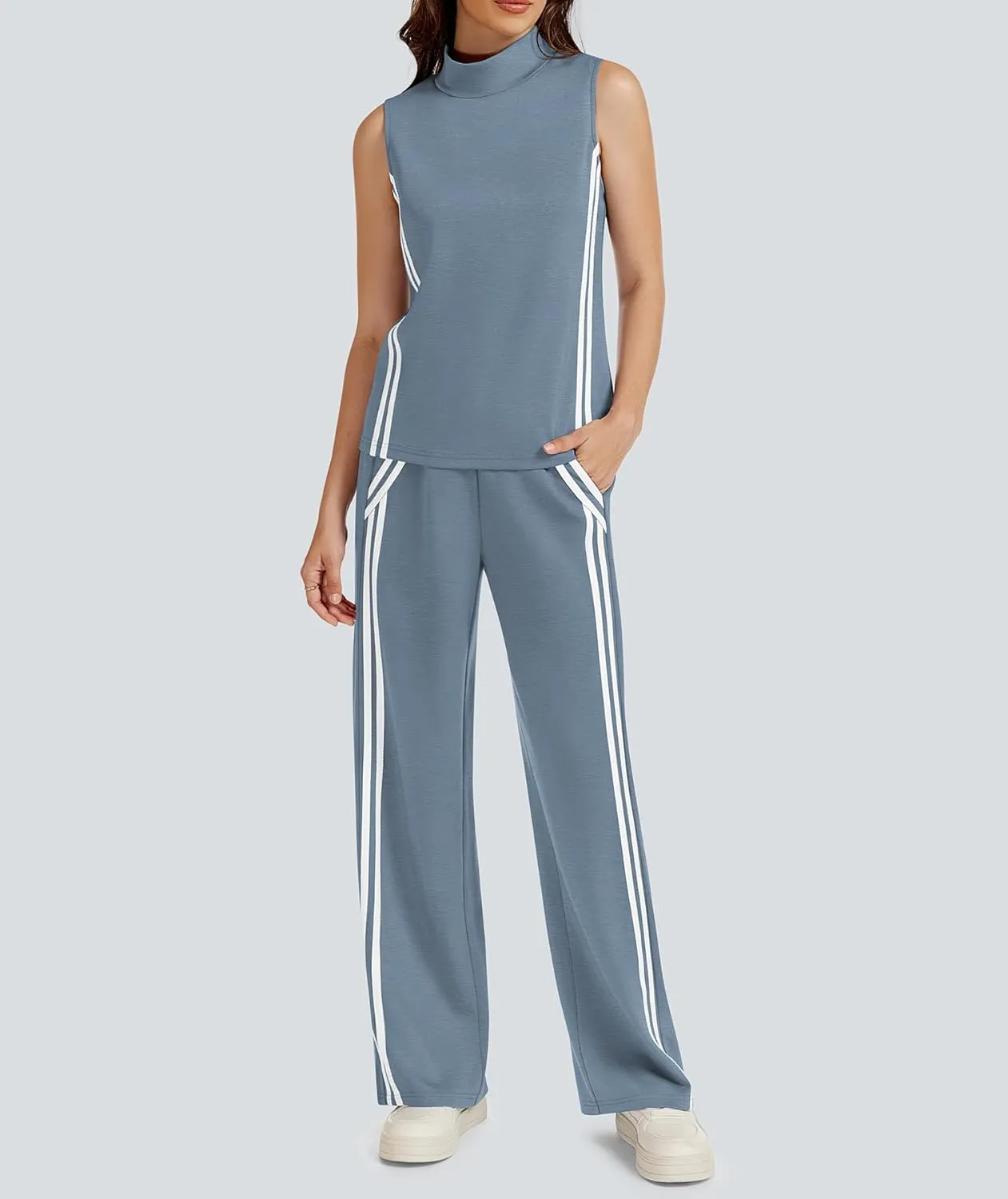 Womens 2 Piece Lounge Set Stripes Travel Outfits Sweatsuit Mock Neck Tank Top Wide Leg Pants Casual Activewear