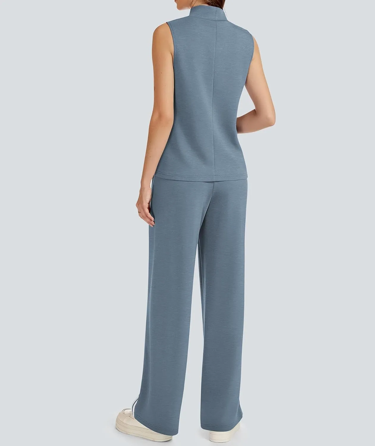 Womens 2 Piece Lounge Set Stripes Travel Outfits Sweatsuit Mock Neck Tank Top Wide Leg Pants Casual Activewear