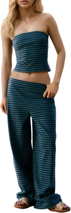 Womens 2 Piece Sets Cute Strapless Tube Tops Striped Wide Leg Pants Comfort Lounge Set