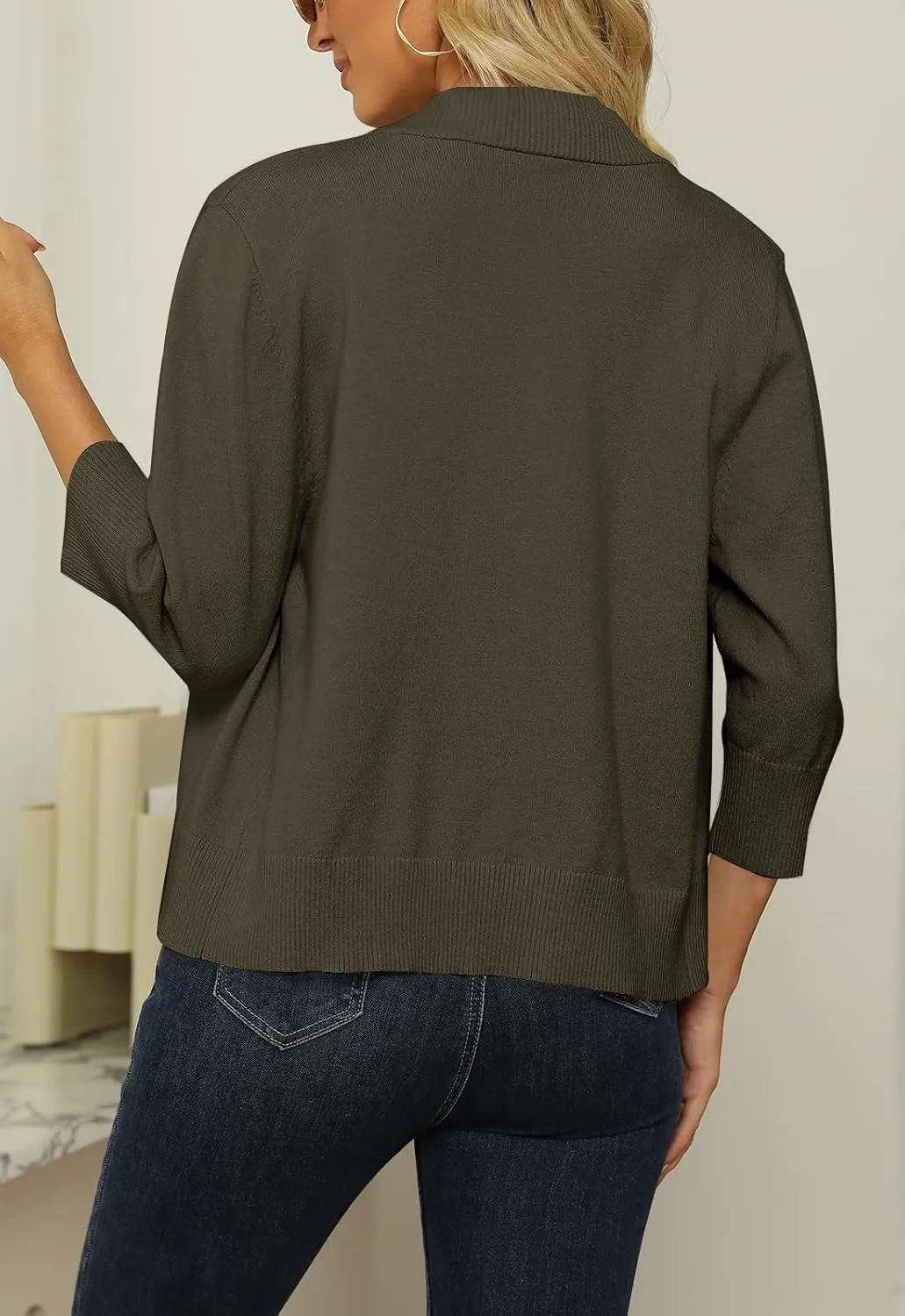 Women's 3/4 Sleeve Cropped Cardigan Sweater Open Front Short Shrugs Cardigans Lightweight Sweaters