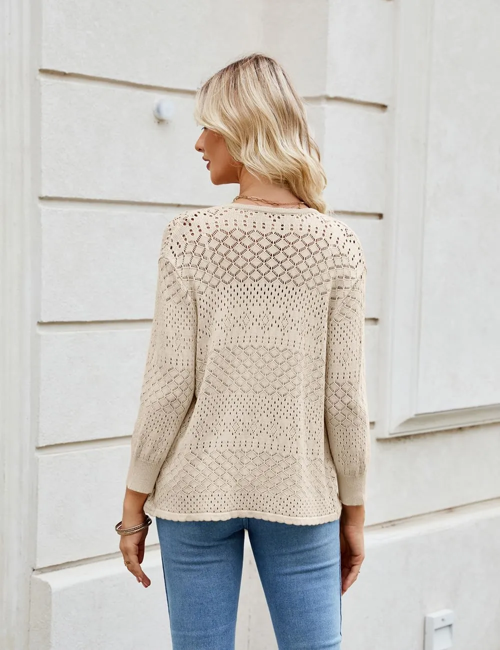 Women's 3/4 Sleeve Cropped Cardigan Sweaters Hollow Out Knit Shrugs Lightweight Sweater Tops