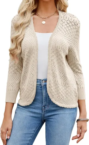 Women's 3/4 Sleeve Cropped Cardigan Sweaters Hollow Out Knit Shrugs Lightweight Sweater Tops