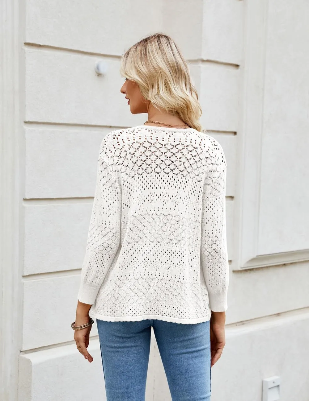 Women's 3/4 Sleeve Cropped Cardigan Sweaters Hollow Out Knit Shrugs Lightweight Sweater Tops