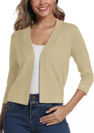 Women's 3/4 Sleeve Lightweight Cropped Cardigan Sweaters Open Front Bolero Short Shrugs for Dresses
