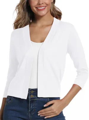 Women's 3/4 Sleeve Lightweight Cropped Cardigan Sweaters Open Front Bolero Short Shrugs for Dresses