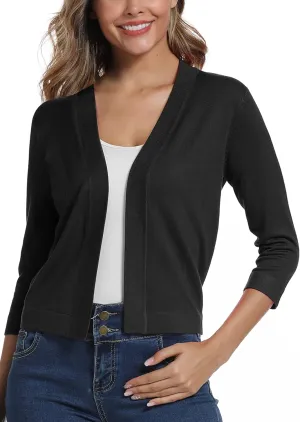 Women's 3/4 Sleeve Lightweight Cropped Cardigan Sweaters Open Front Bolero Short Shrugs for Dresses