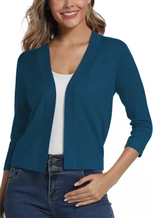 Women's 3/4 Sleeve Lightweight Cropped Cardigan Sweaters Open Front Bolero Short Shrugs for Dresses