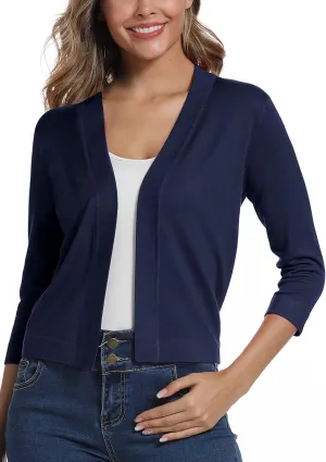 Women's 3/4 Sleeve Lightweight Cropped Cardigan Sweaters Open Front Bolero Short Shrugs for Dresses
