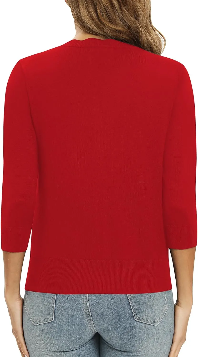 Women's 3/4 Sleeve V-Neck Cardigan Sweater Lightweight Button Down Short Shrug Sweaters for Dresses