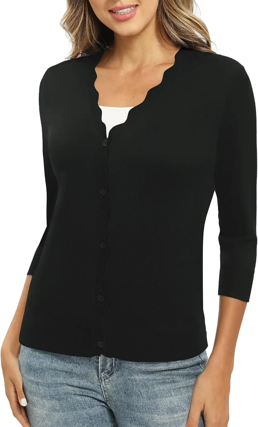 Women's 3/4 Sleeve V-Neck Cardigan Sweater Lightweight Button Down Short Shrug Sweaters for Dresses