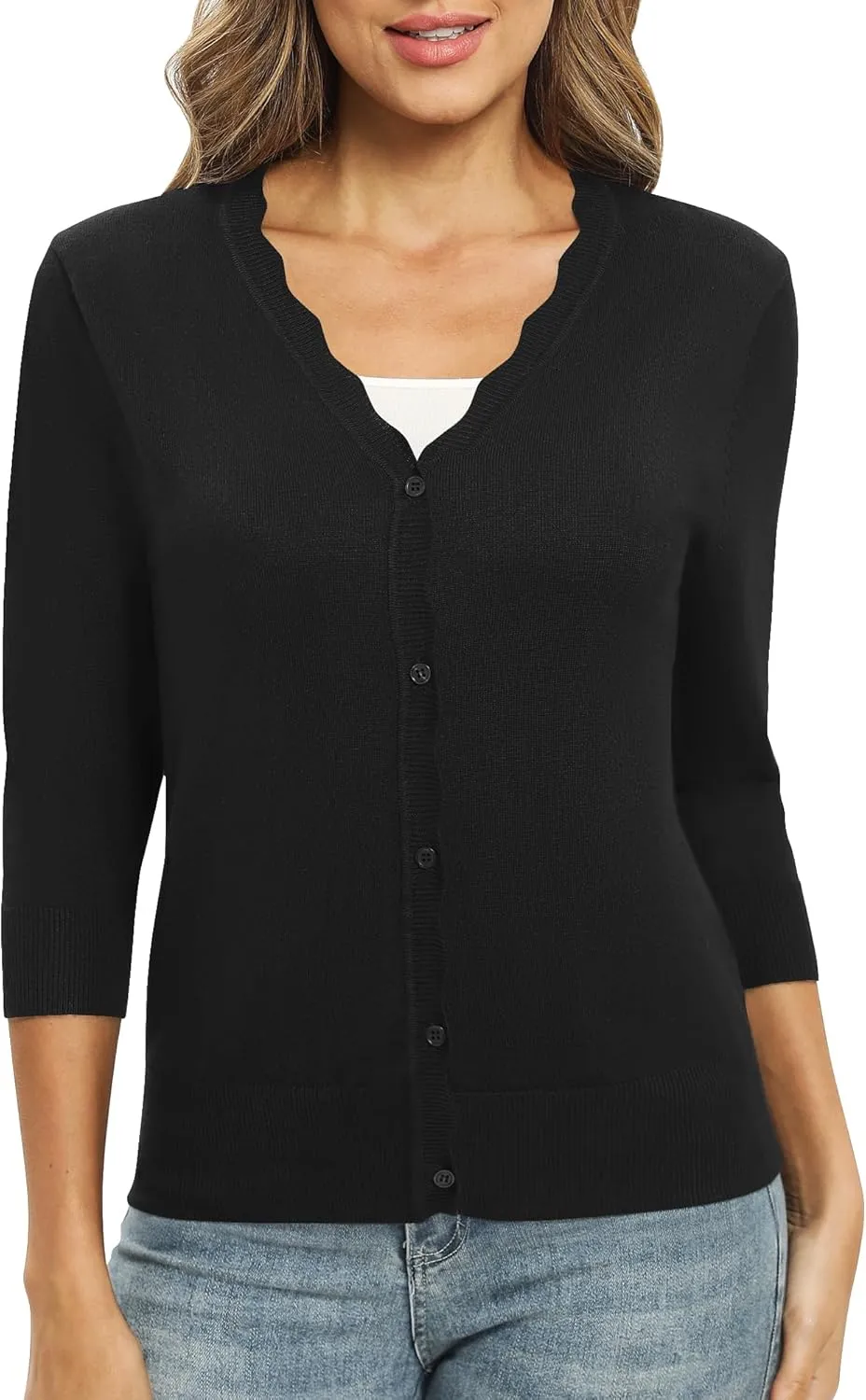 Women's 3/4 Sleeve V-Neck Cardigan Sweater Lightweight Button Down Short Shrug Sweaters for Dresses