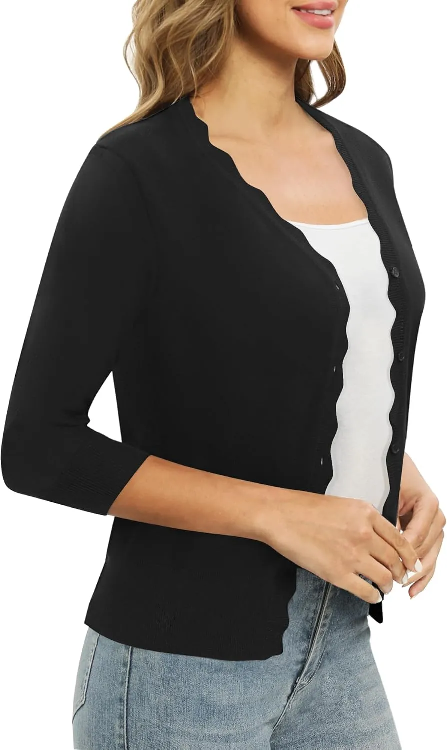 Women's 3/4 Sleeve V-Neck Cardigan Sweater Lightweight Button Down Short Shrug Sweaters for Dresses