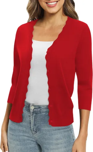 Women's 3/4 Sleeve V-Neck Cardigan Sweater Lightweight Button Down Short Shrug Sweaters for Dresses