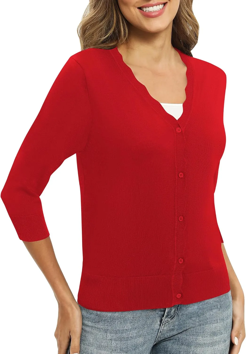 Women's 3/4 Sleeve V-Neck Cardigan Sweater Lightweight Button Down Short Shrug Sweaters for Dresses