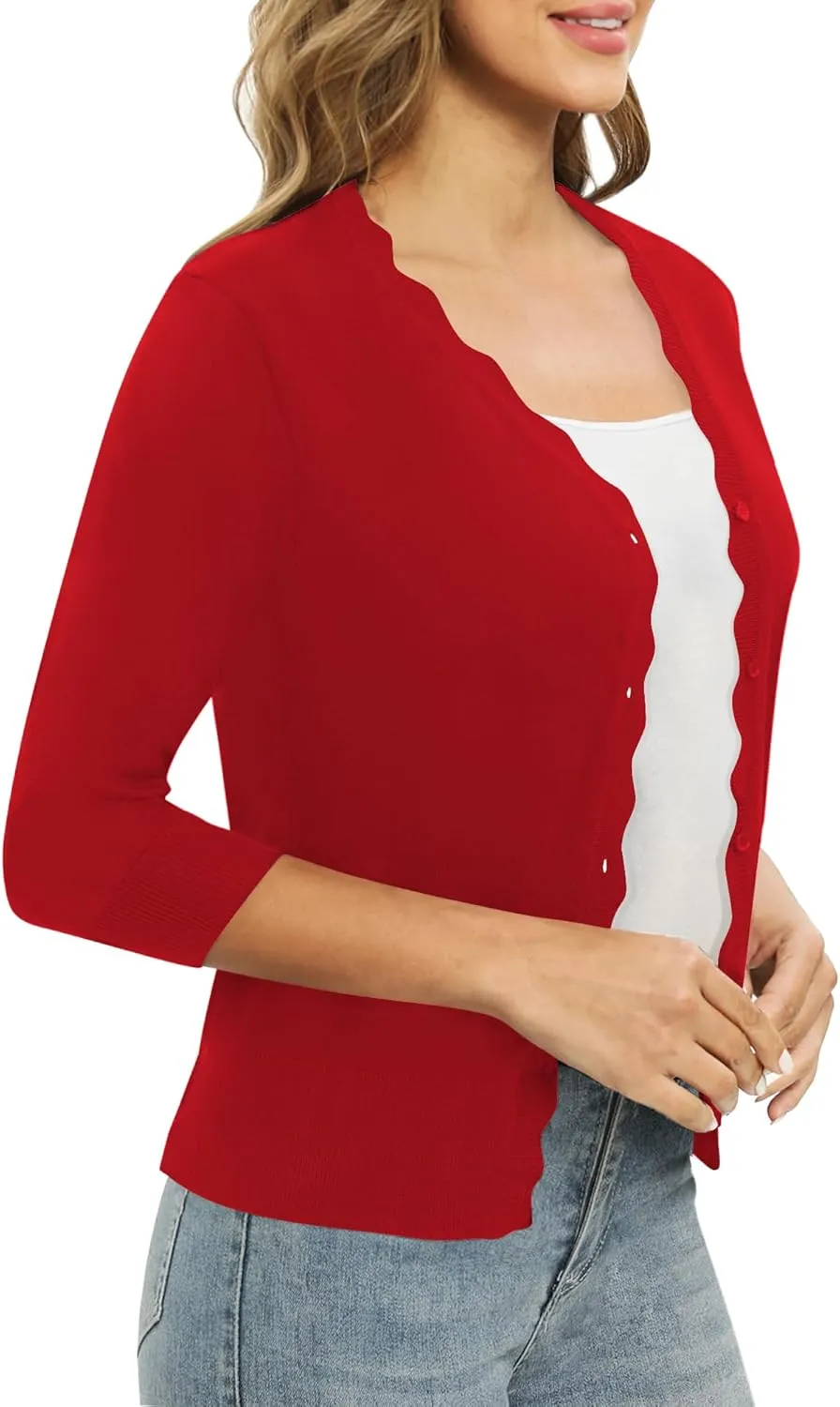 Women's 3/4 Sleeve V-Neck Cardigan Sweater Lightweight Button Down Short Shrug Sweaters for Dresses