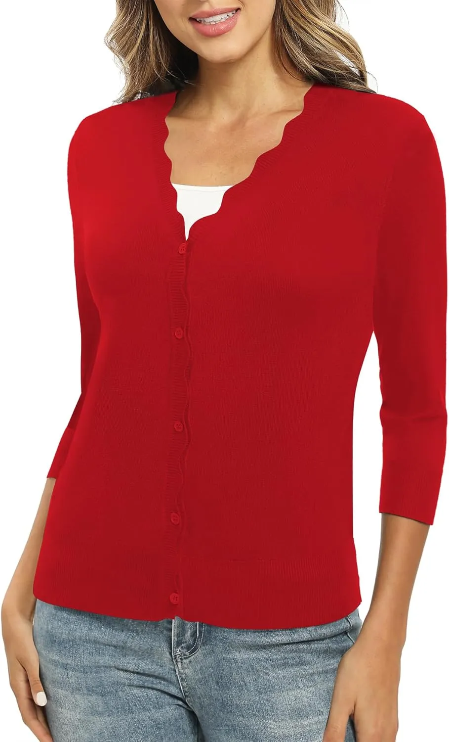 Women's 3/4 Sleeve V-Neck Cardigan Sweater Lightweight Button Down Short Shrug Sweaters for Dresses