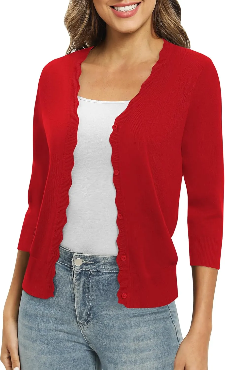 Women's 3/4 Sleeve V-Neck Cardigan Sweater Lightweight Button Down Short Shrug Sweaters for Dresses