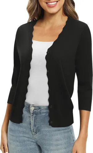 Women's 3/4 Sleeve V-Neck Cardigan Sweater Lightweight Button Down Short Shrug Sweaters for Dresses