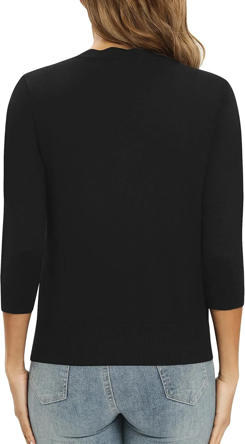Women's 3/4 Sleeve V-Neck Cardigan Sweater Lightweight Button Down Short Shrug Sweaters for Dresses
