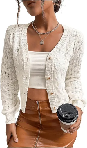 Women's Cable Knit Button Up Cardigans V Neck Long Sleeve Drop Shoulder Sweater Outerwear